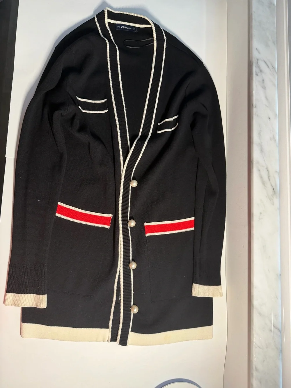 ZARA Women’s Black Longline Cardigan with Pearl Buttons & Contrast Trim
